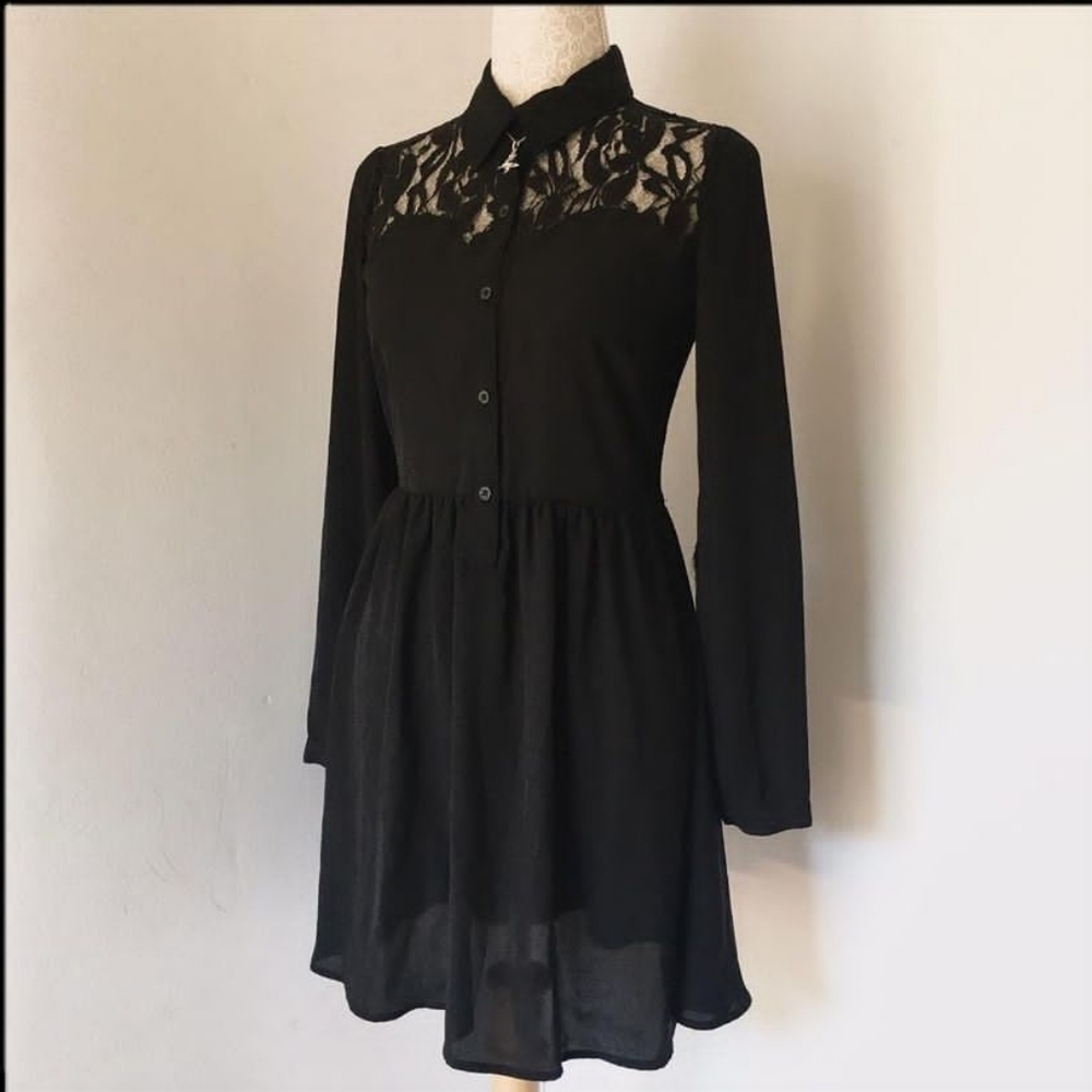 One Clothing Vintage Black Collared long sleeve lace detail sheer dress Small
